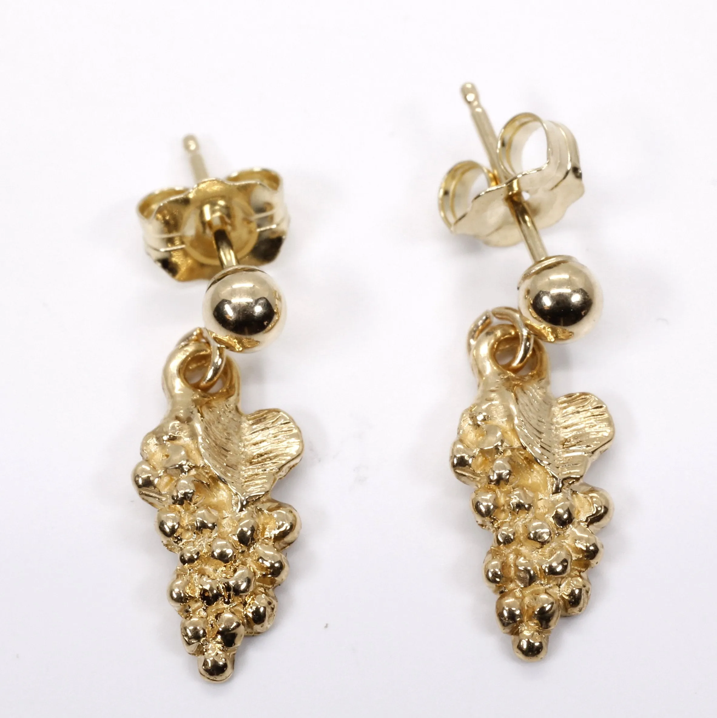 Tiny 14kt. Gold Grape Cluster with leaf dangle earrings on ball posts.