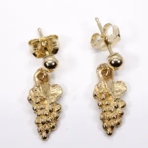 Tiny 14kt. Gold Grape Cluster with leaf dangle earrings on ball posts.