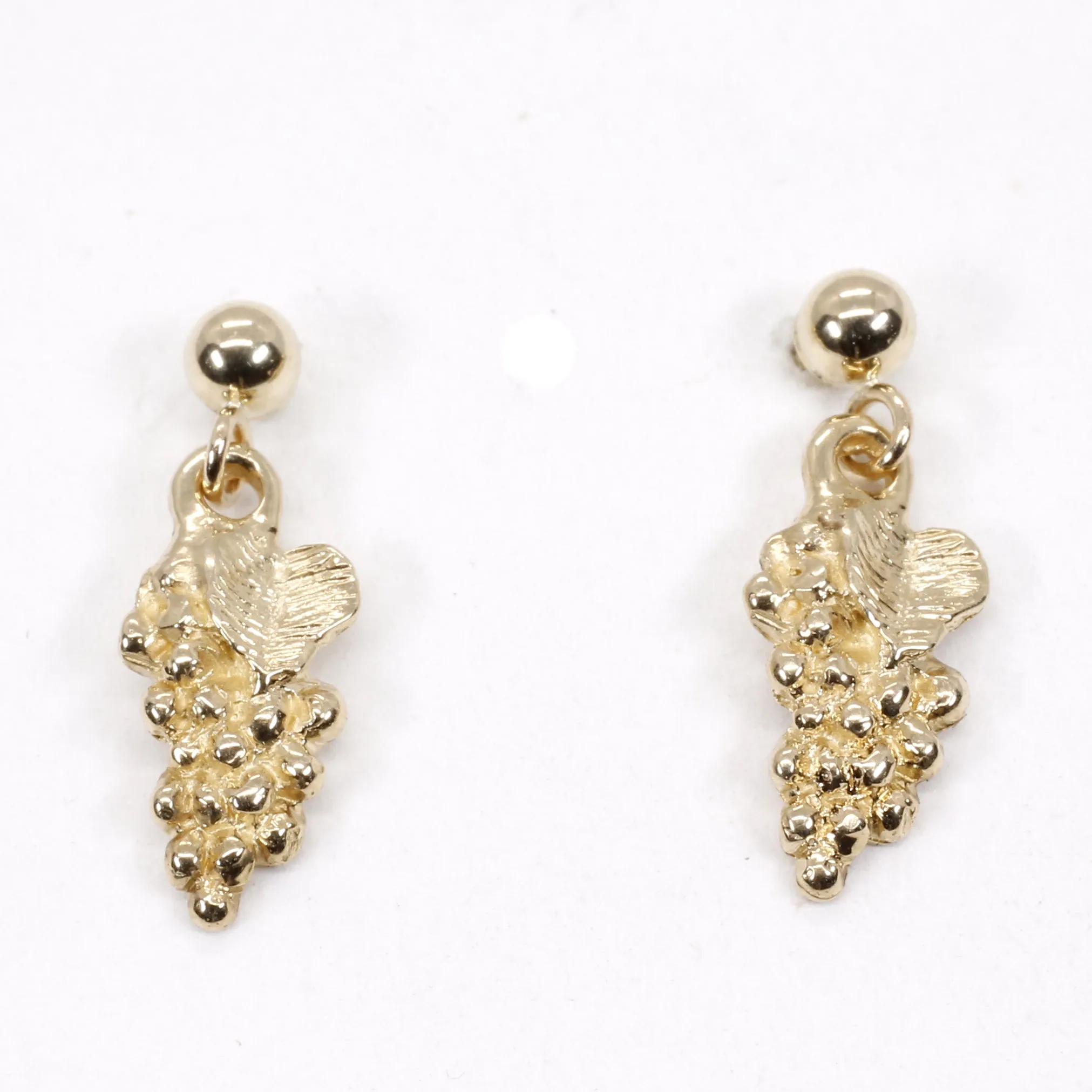 Tiny 14kt. Gold Grape Cluster with leaf dangle earrings on ball posts.