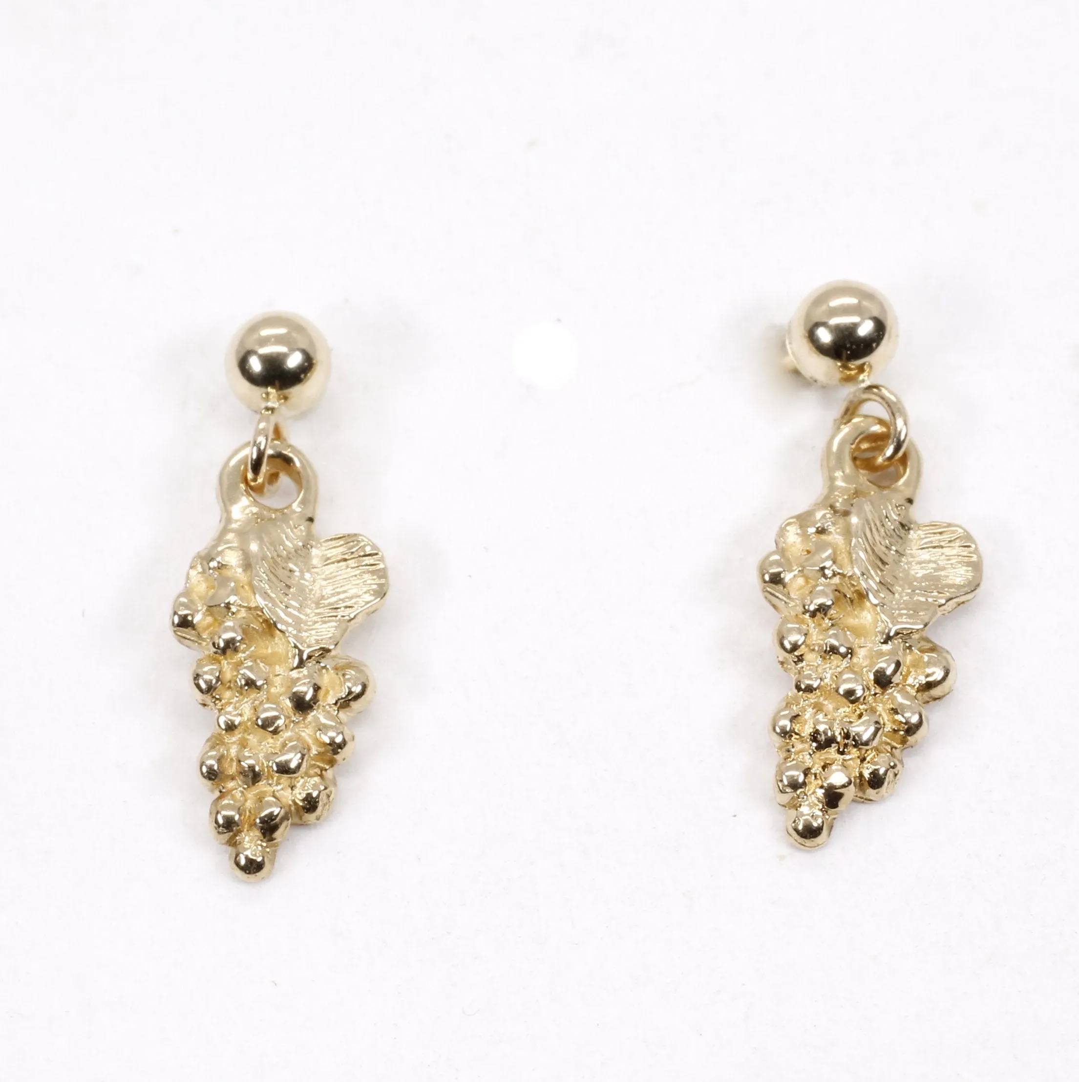 Tiny 14kt. Gold Grape Cluster with leaf dangle earrings on ball posts.