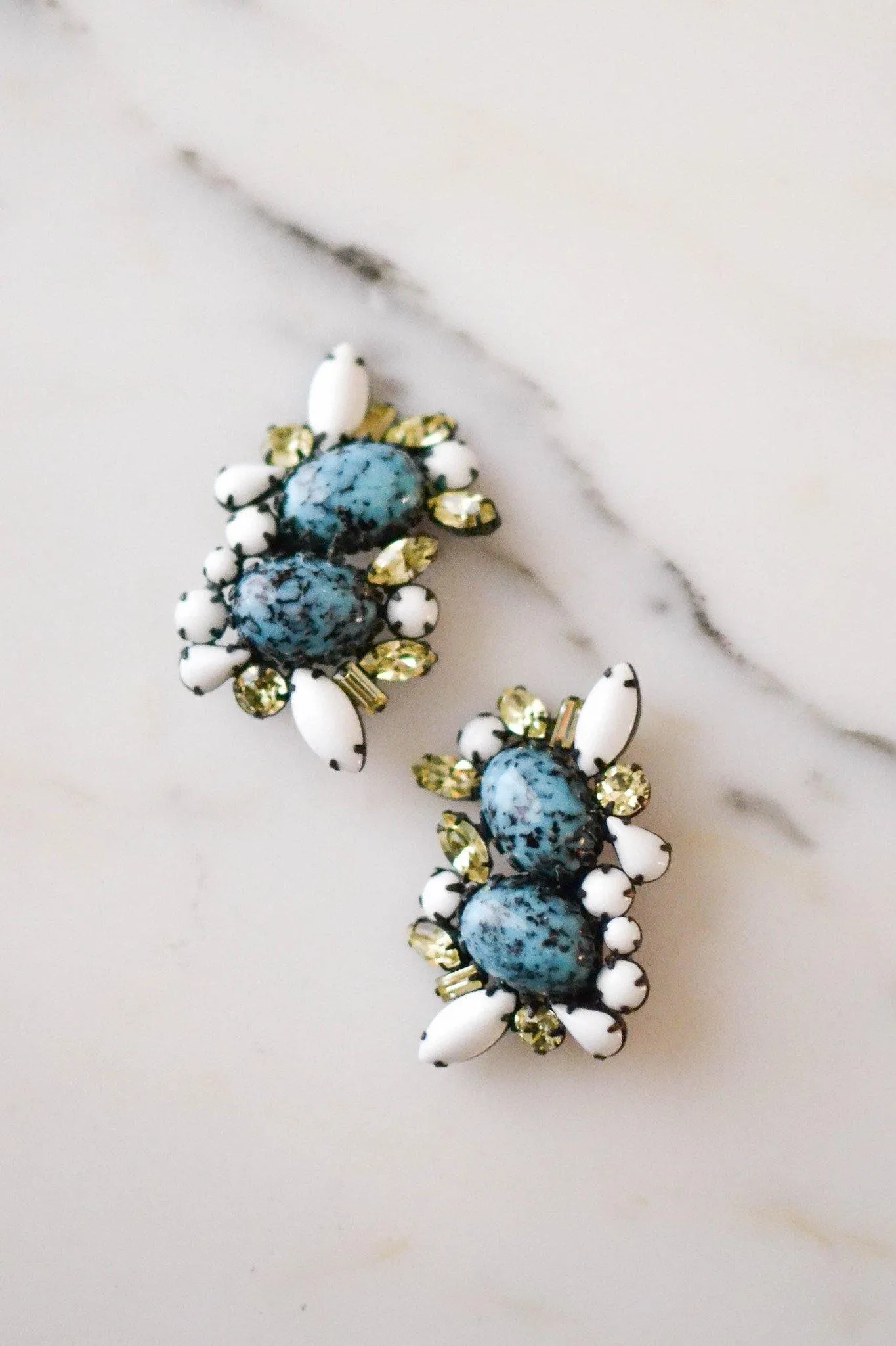 Turquoise & Milk Glass, Yellow Citrine Rhinestone Earrings, Statement Earrings