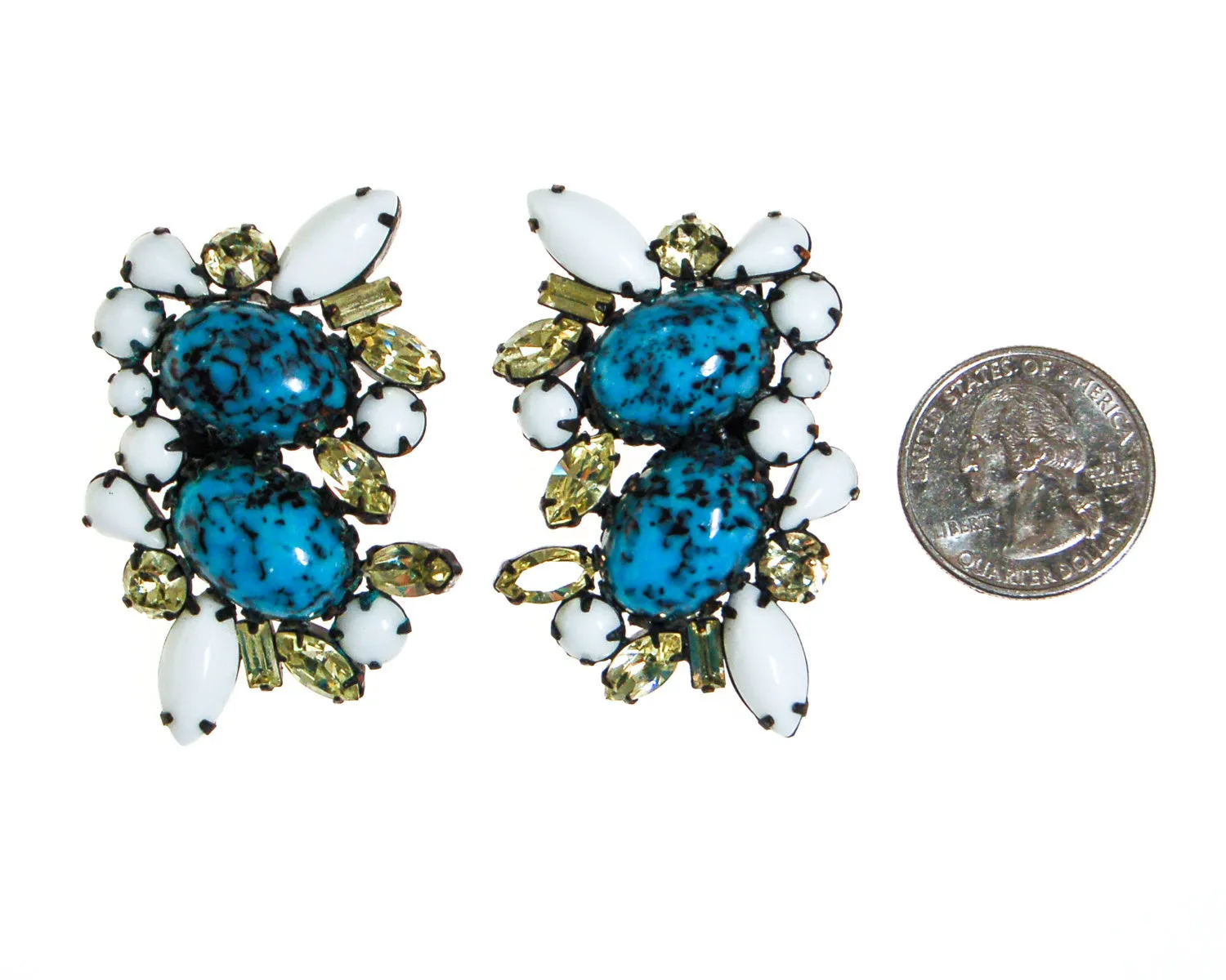 Turquoise & Milk Glass, Yellow Citrine Rhinestone Earrings, Statement Earrings