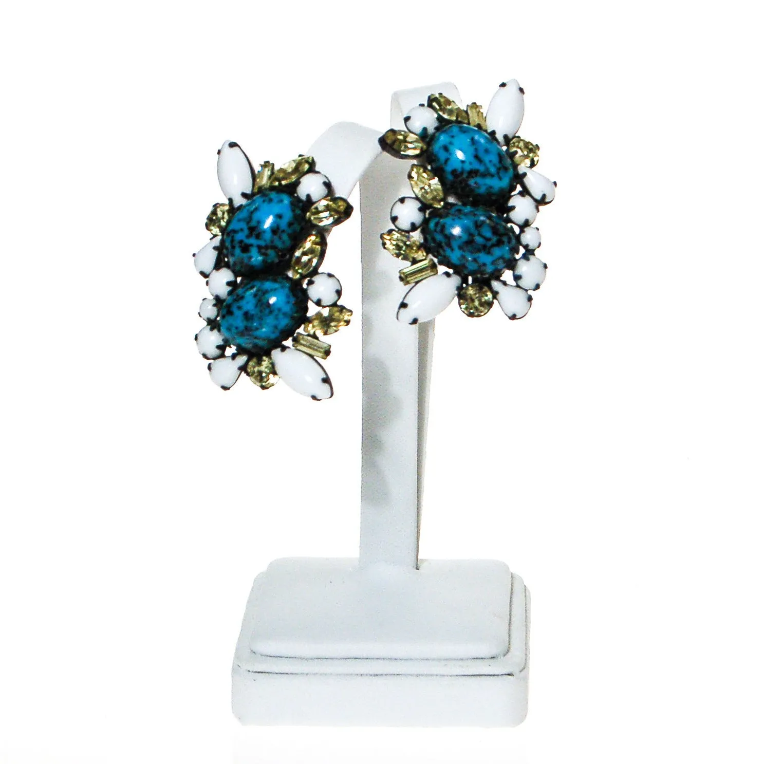 Turquoise & Milk Glass, Yellow Citrine Rhinestone Earrings, Statement Earrings