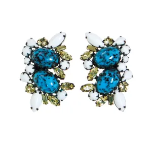 Turquoise & Milk Glass, Yellow Citrine Rhinestone Earrings, Statement Earrings