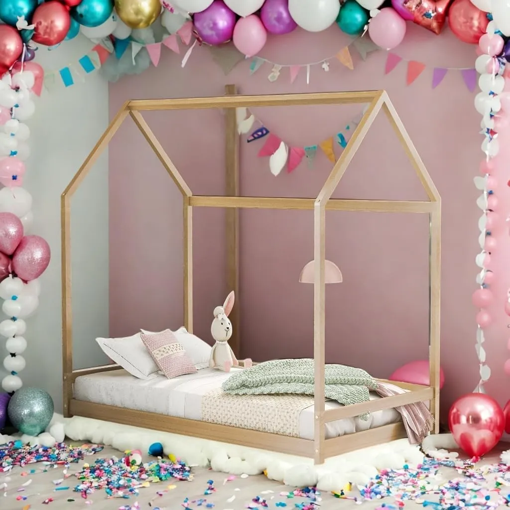 Twin Size House Bed Kids Brown Mid-Century Modern Contemporary
