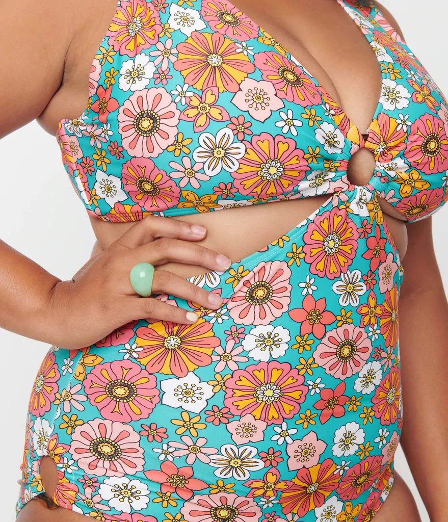 Unique Vintage 70's Retro Floral Swim One Piece Turquoise/Orange