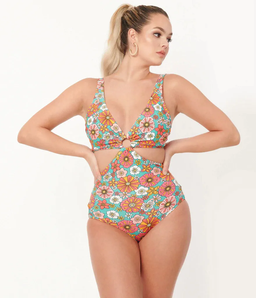 Unique Vintage 70's Retro Floral Swim One Piece Turquoise/Orange