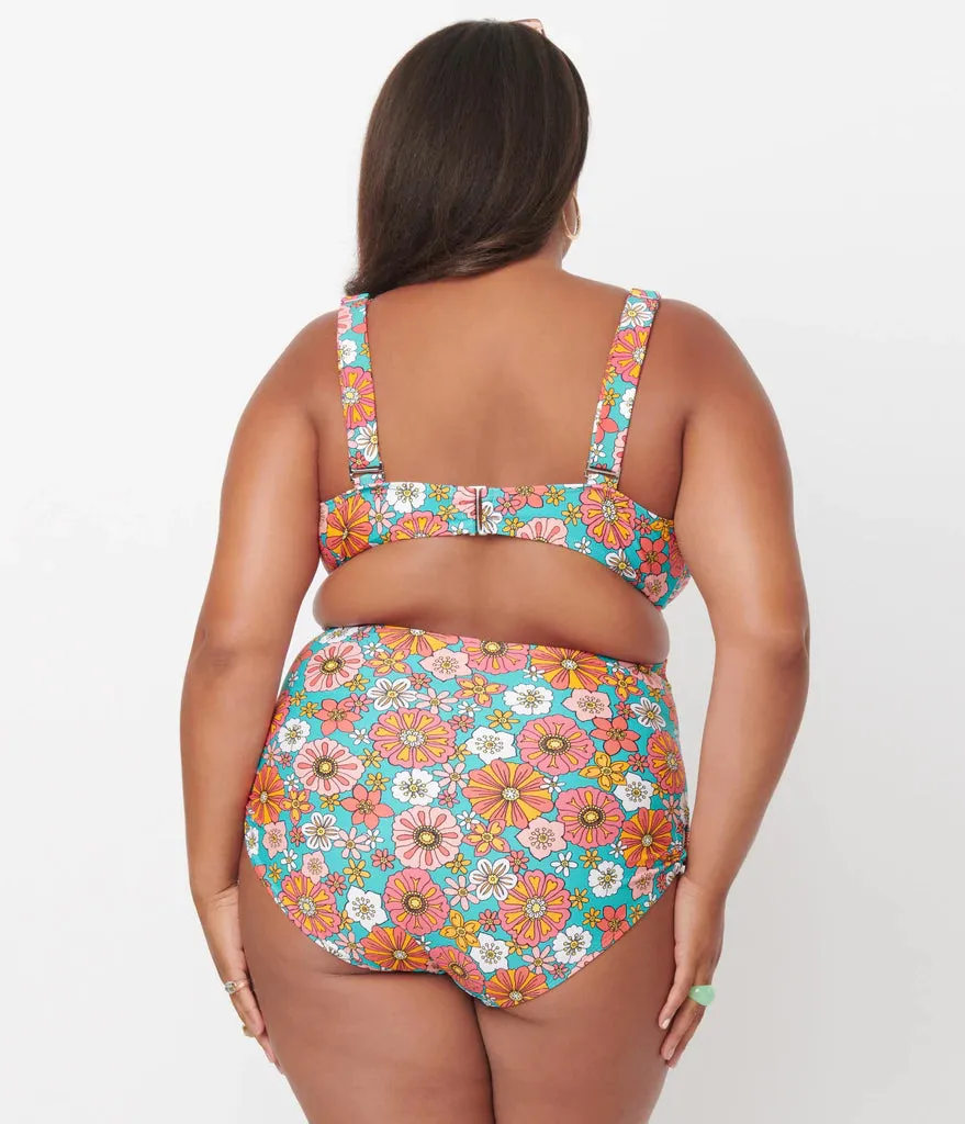 Unique Vintage 70's Retro Floral Swim One Piece Turquoise/Orange
