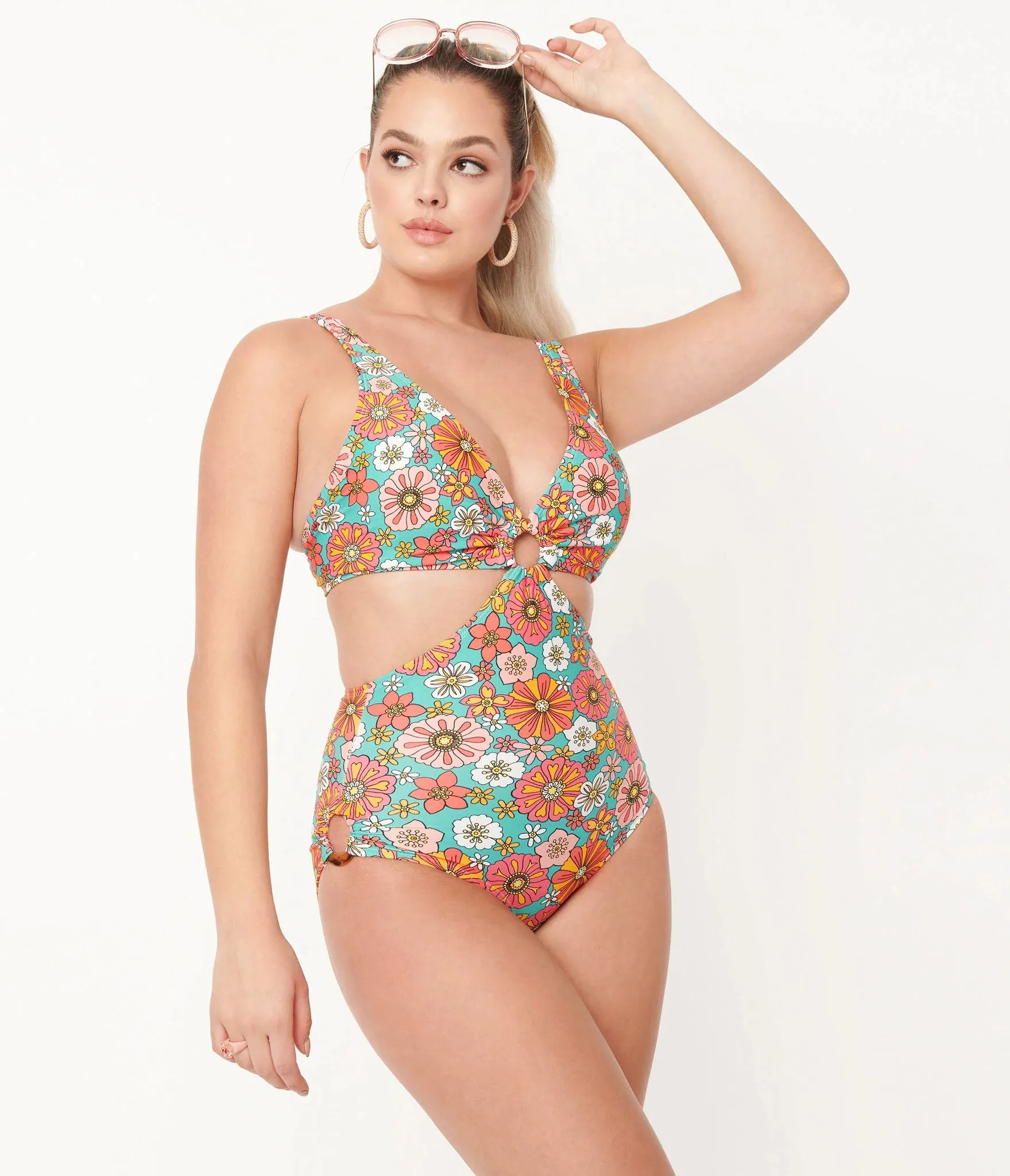 Unique Vintage 70's Retro Floral Swim One Piece Turquoise/Orange