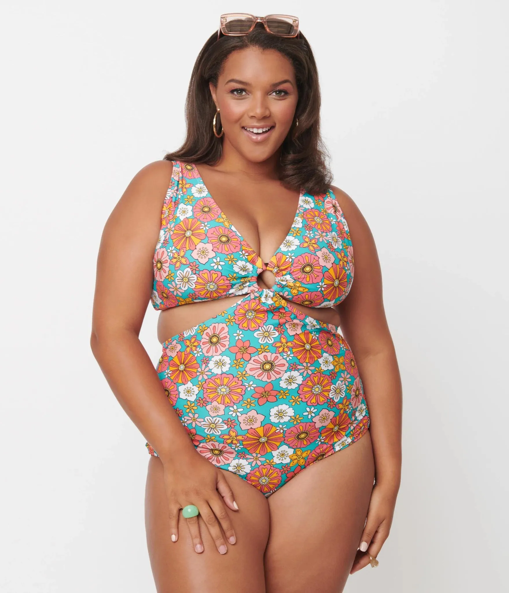 Unique Vintage 70's Retro Floral Swim One Piece Turquoise/Orange