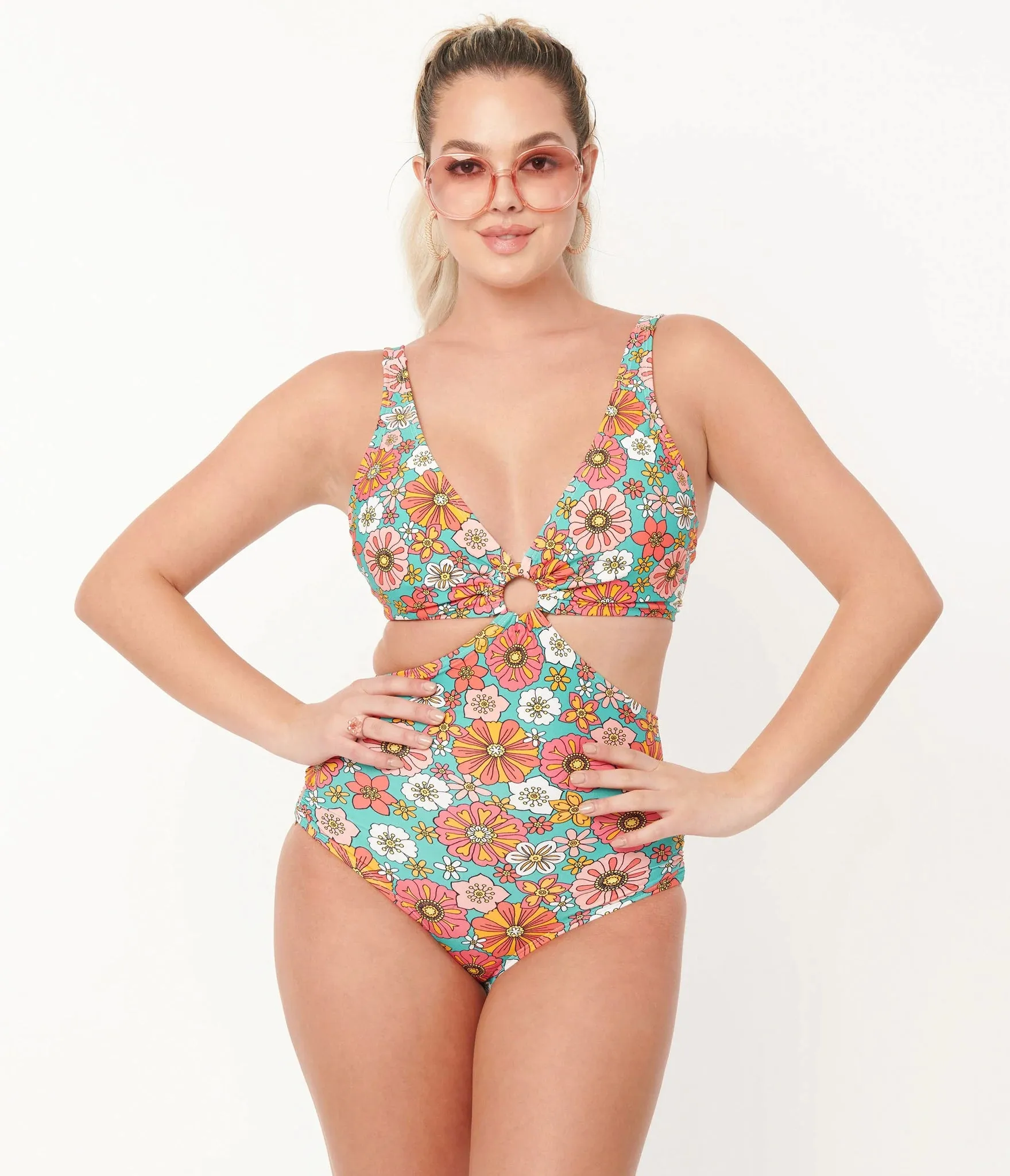 Unique Vintage 70's Retro Floral Swim One Piece Turquoise/Orange