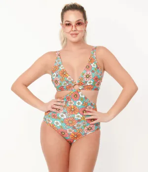 Unique Vintage 70's Retro Floral Swim One Piece Turquoise/Orange