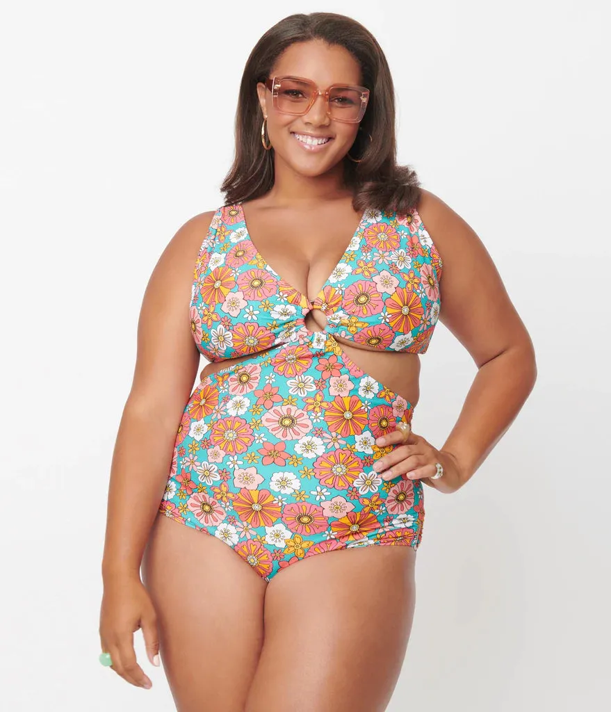 Unique Vintage 70's Retro Floral Swim One Piece Turquoise/Orange