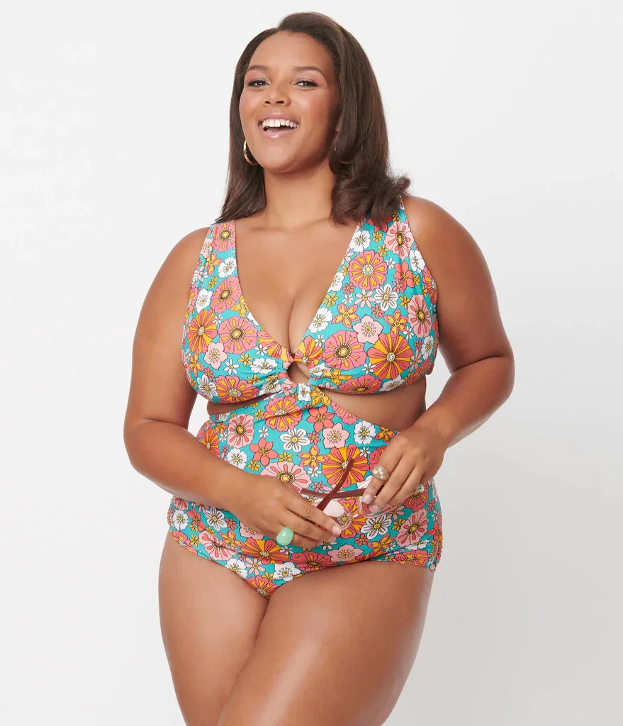 Unique Vintage 70's Retro Floral Swim One Piece Turquoise/Orange