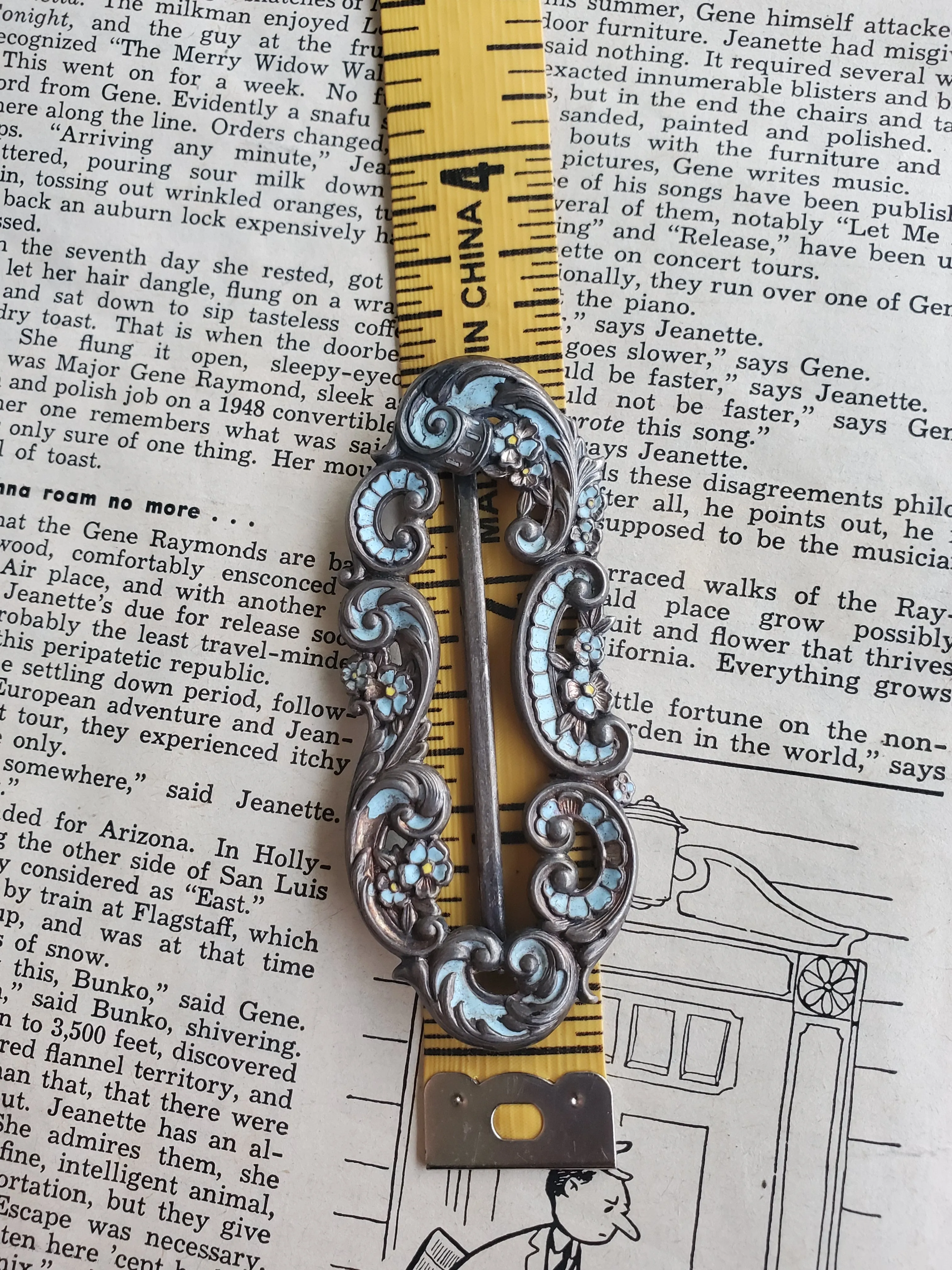 Victorian Baby blue Enamel painted sterling silver floral vintage sash ribbon buckle