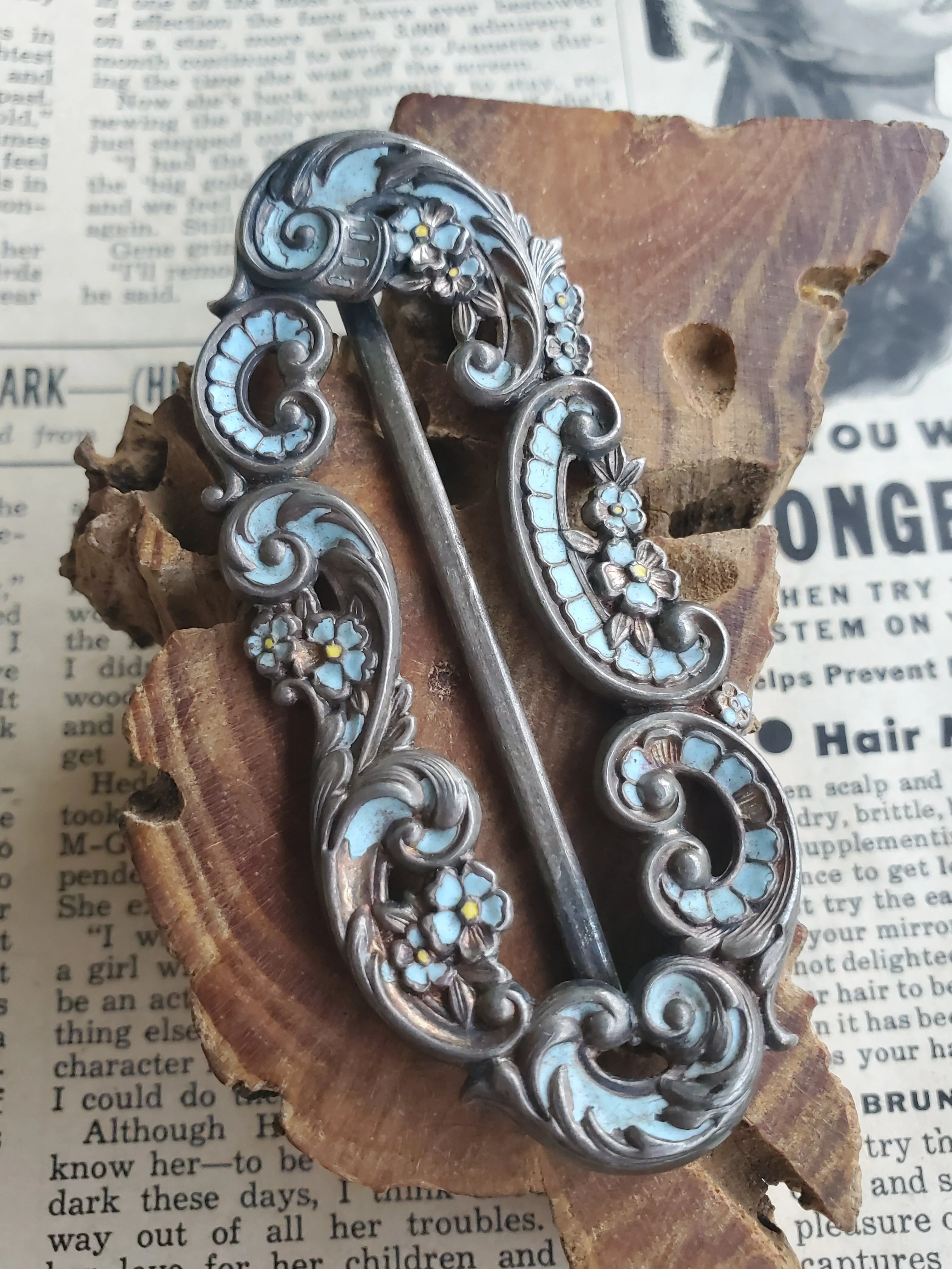 Victorian Baby blue Enamel painted sterling silver floral vintage sash ribbon buckle