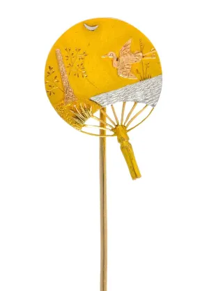 Victorian Platinum 14 Karat Gold Mixed Metal Japanese Uchiwa Fan Stickpin