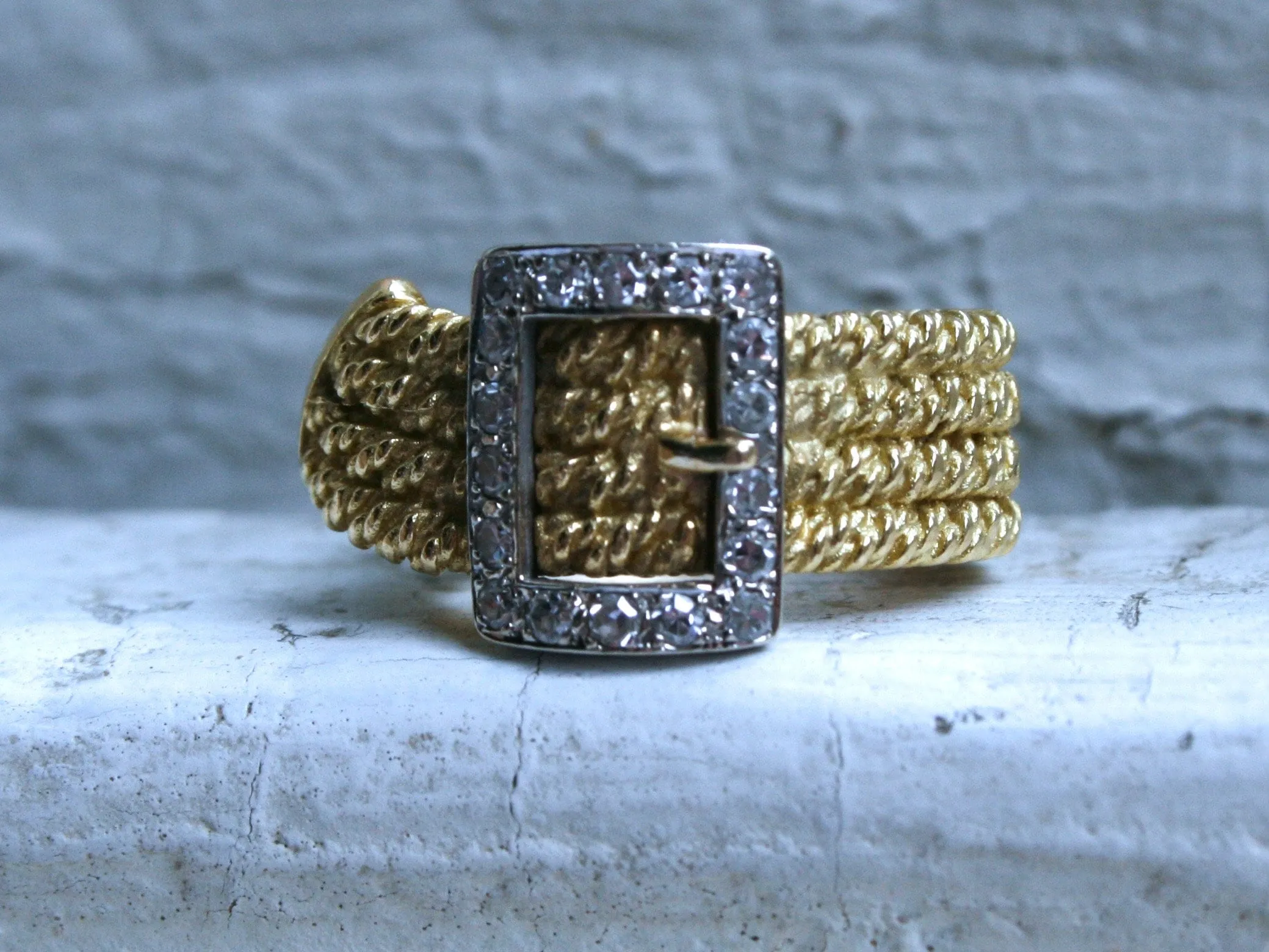 Vintage 18K White and Yellow Gold Diamond Buckle Rope Ring Band - 0.32ct.