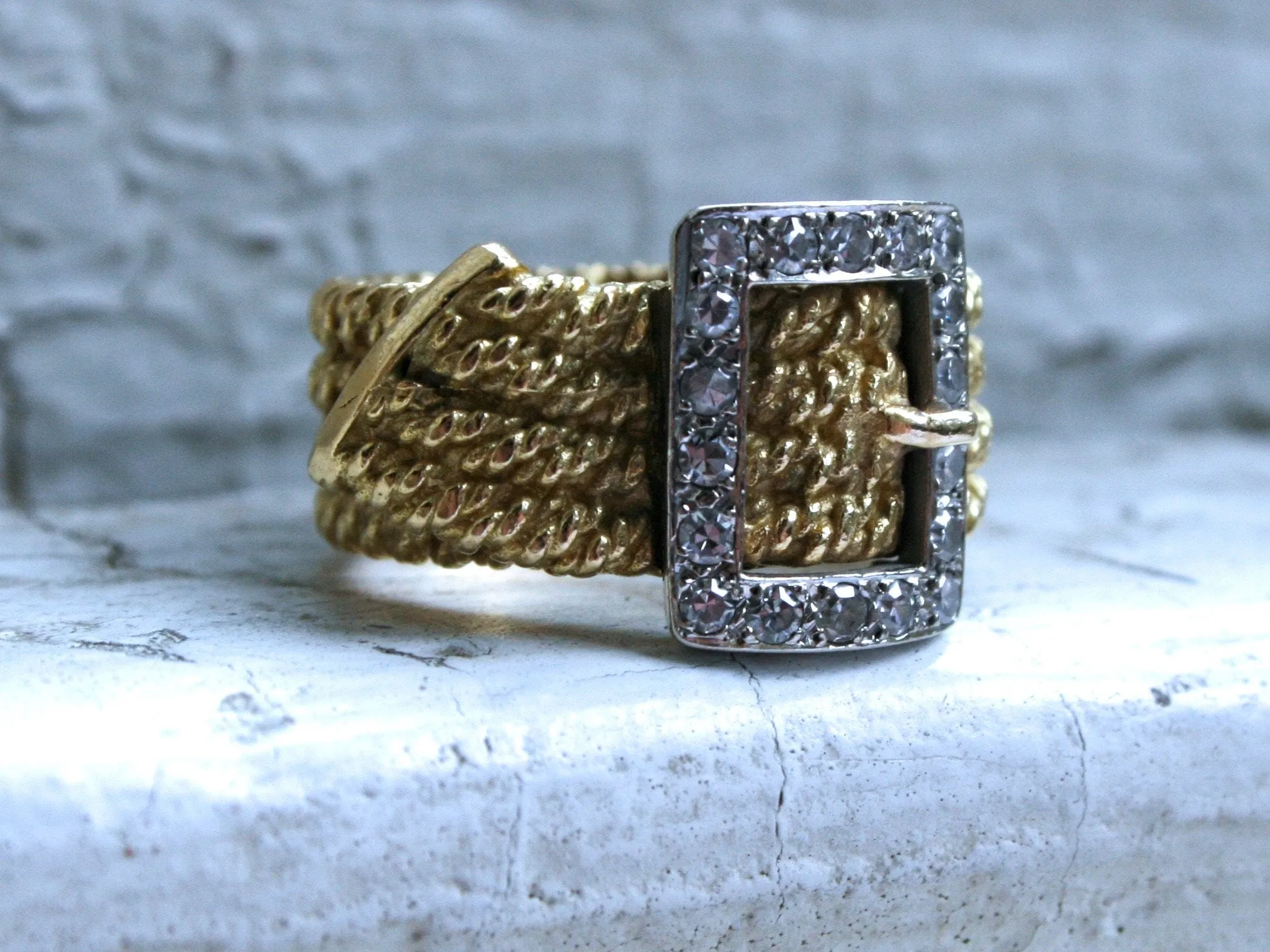 Vintage 18K White and Yellow Gold Diamond Buckle Rope Ring Band - 0.32ct.