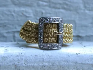 Vintage 18K White and Yellow Gold Diamond Buckle Rope Ring Band - 0.32ct.