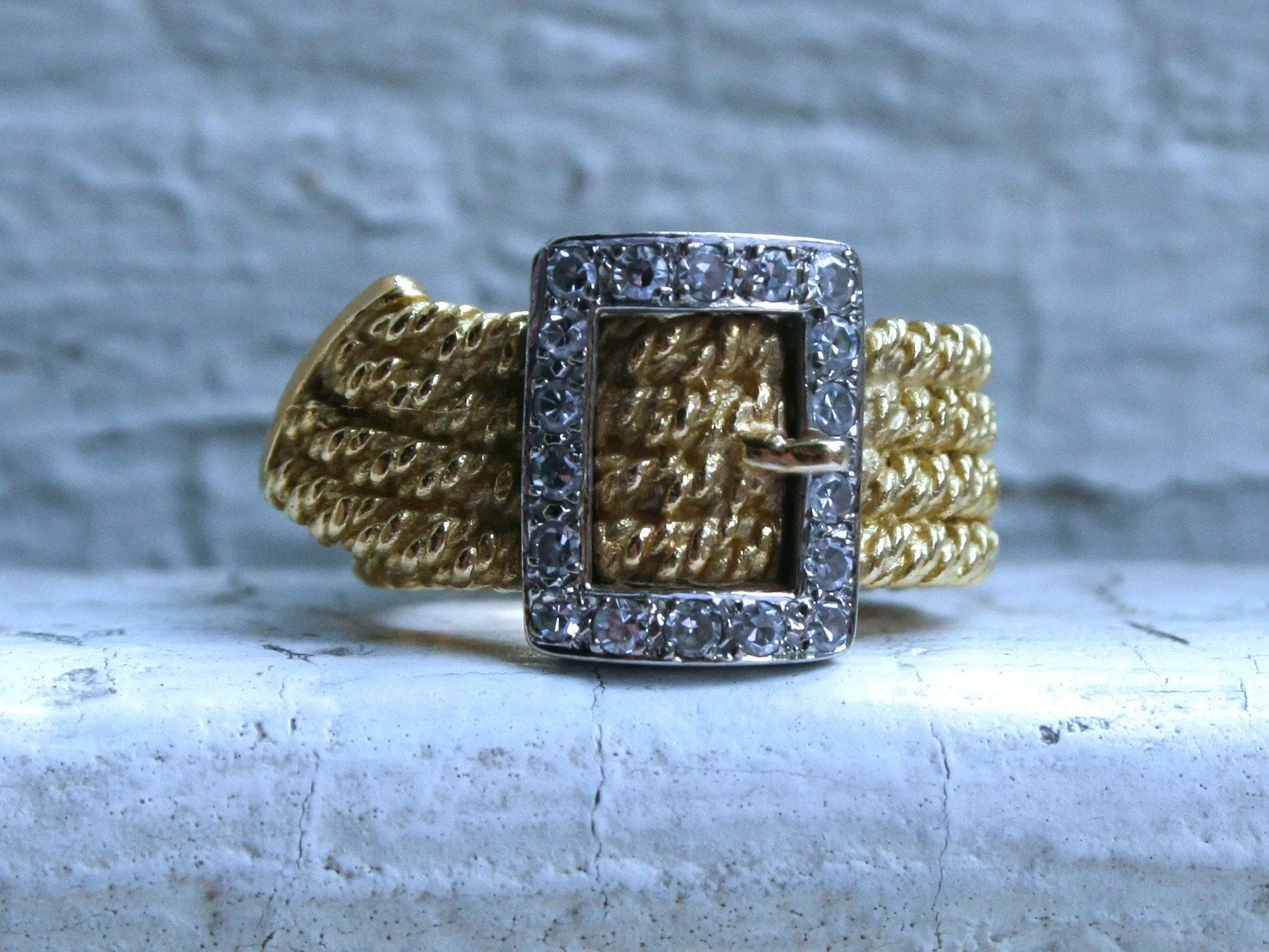 Vintage 18K White and Yellow Gold Diamond Buckle Rope Ring Band - 0.32ct.