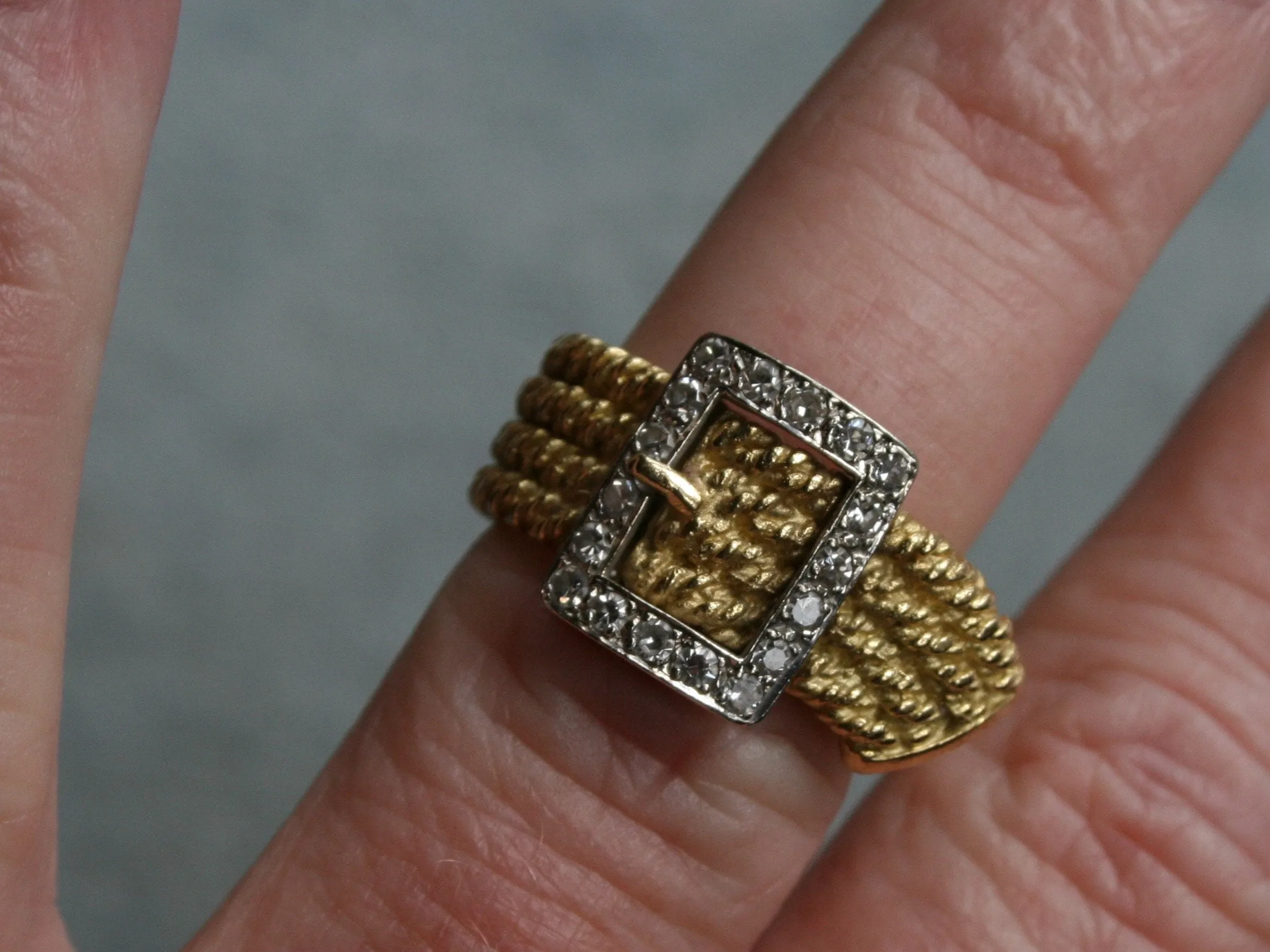 Vintage 18K White and Yellow Gold Diamond Buckle Rope Ring Band - 0.32ct.