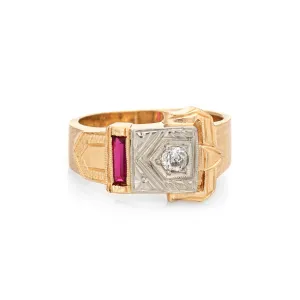 Vintage 40s Diamond Buckle Ring 14k Yellow Gold Retro Estate Fine Jewelry Belt 9