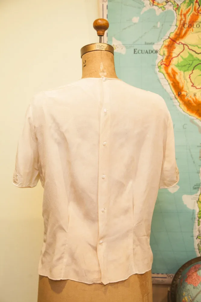 Vintage 50s Tailored Woman Silk Embroidered Blouse