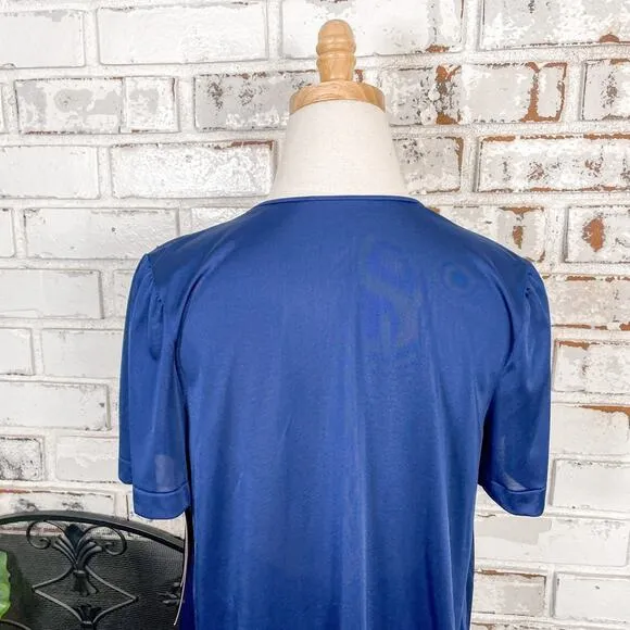 Vintage 70s Blue Floral Lace Detail Short Sleeve Button Down Lightweight Set S