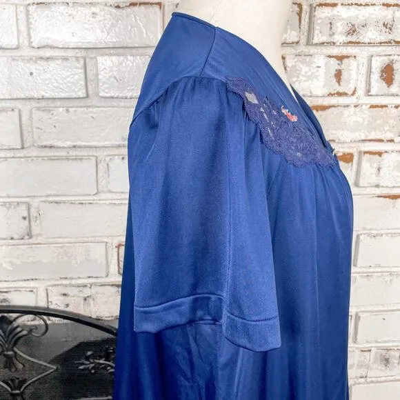 Vintage 70s Blue Floral Lace Detail Short Sleeve Button Down Lightweight Set S