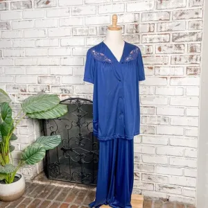Vintage 70s Blue Floral Lace Detail Short Sleeve Button Down Lightweight Set S