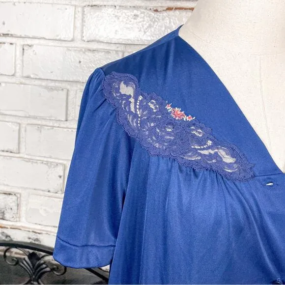 Vintage 70s Blue Floral Lace Detail Short Sleeve Button Down Lightweight Set S