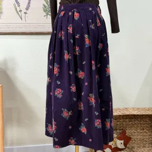 Vintage 80s 90s Purple Floral Corduroy Skirt Whimsigoth Cottagecore Prairie S M