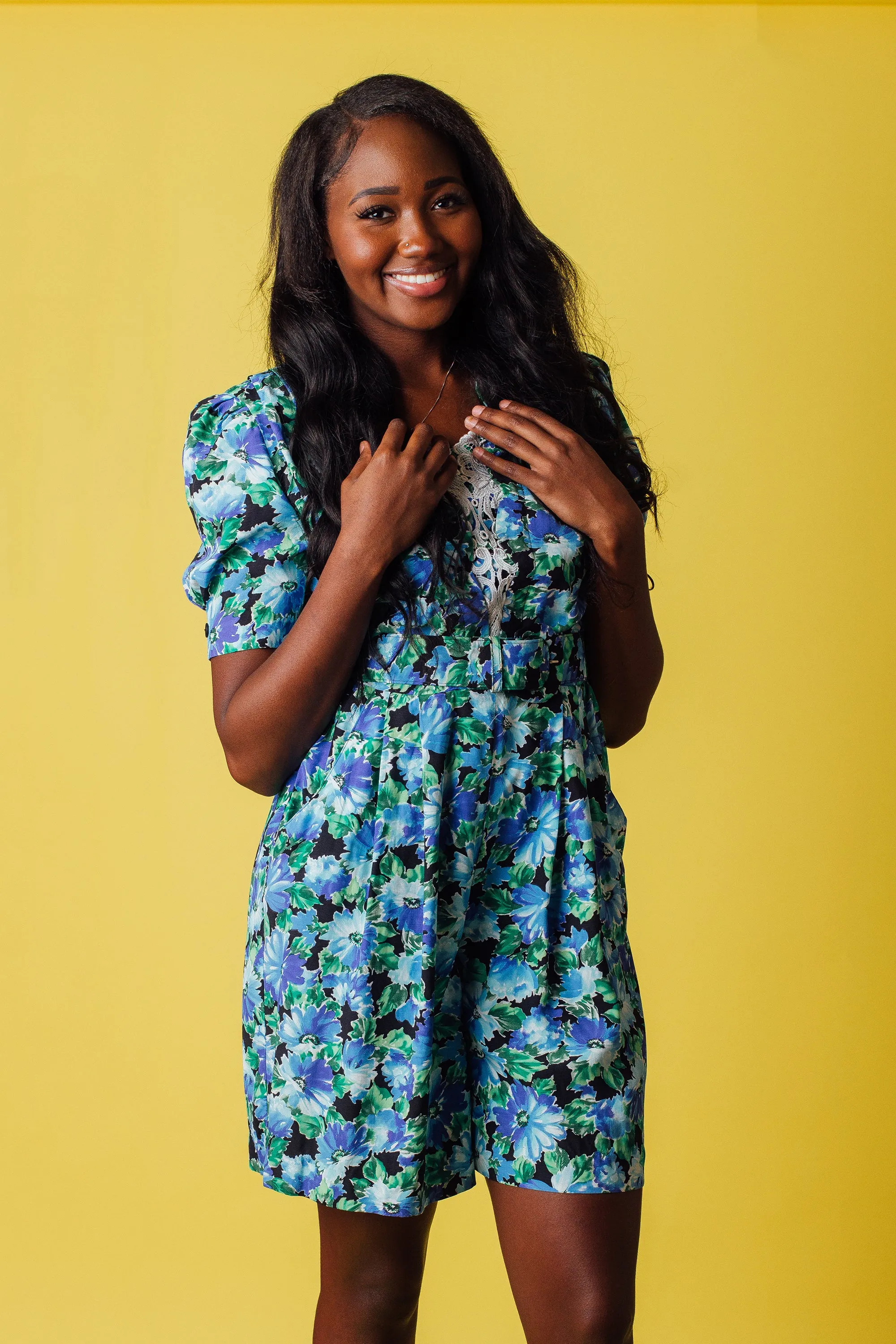 Vintage 90's Blue Floral Karin Stevens Romper | S
