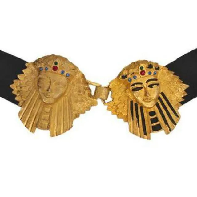 Vintage Belt Black Suede Large  Egyptian King Queen Jeweled Buckle 1950S