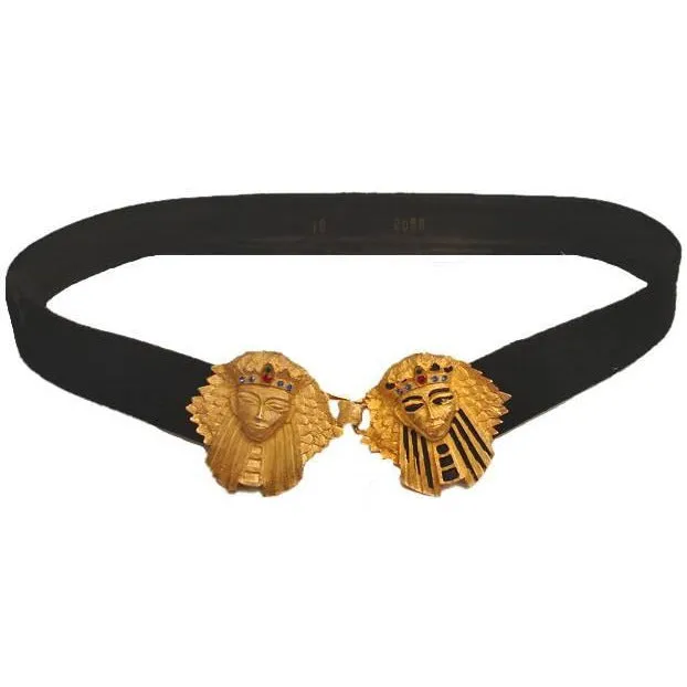 Vintage Belt Black Suede Large  Egyptian King Queen Jeweled Buckle 1950S