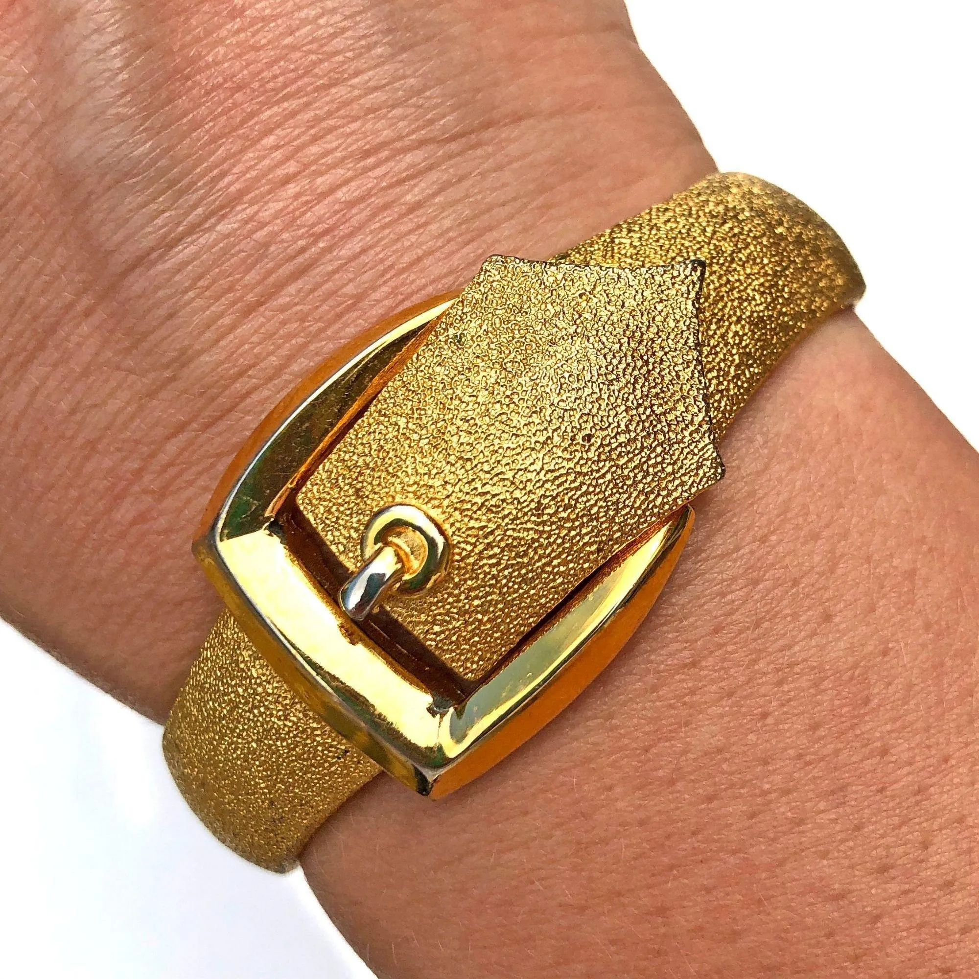 Vintage Crown Trifari Gold Buckle Hinged Bangle Bracelet