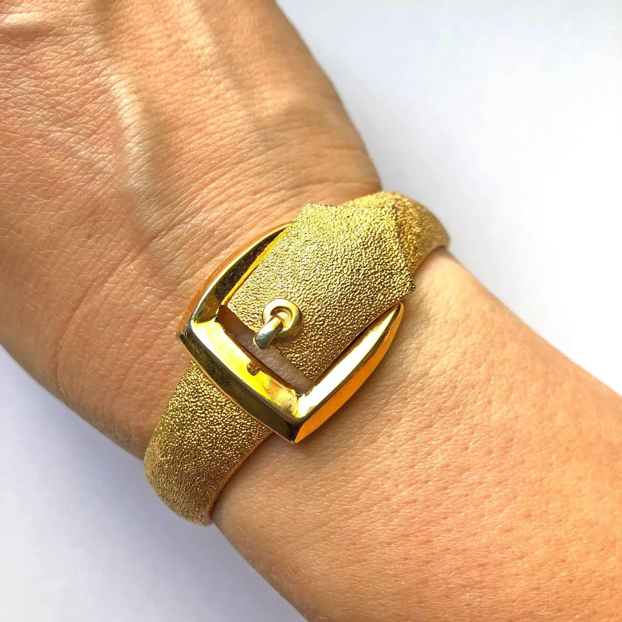 Vintage Crown Trifari Gold Buckle Hinged Bangle Bracelet