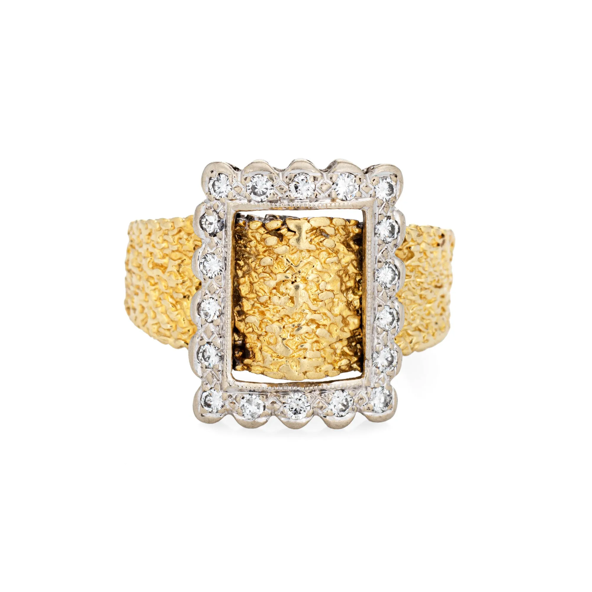 Vintage Diamond Buckle Ring 14k Yellow Gold Sz 9 Square Band Fine Estate Jewelry