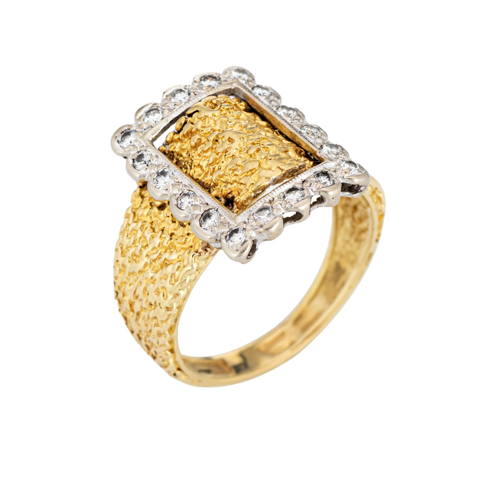 Vintage Diamond Buckle Ring 14k Yellow Gold Sz 9 Square Band Fine Estate Jewelry