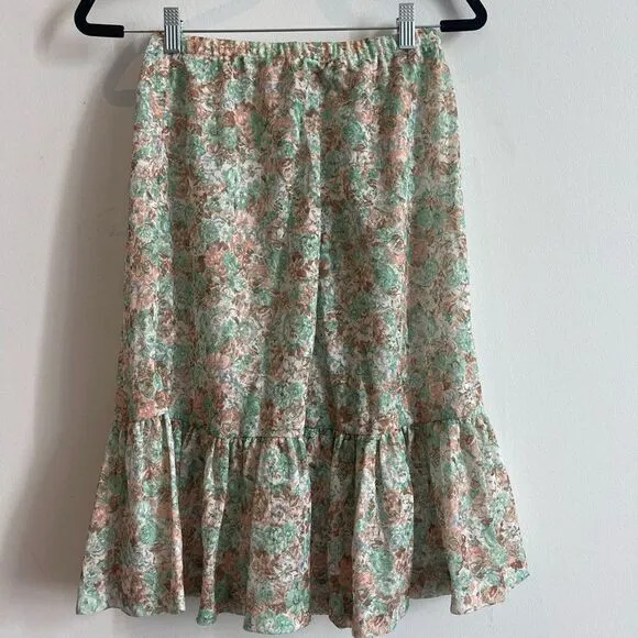 Vintage Gauze Like Floral Green and Blush Blouse and Skirt Set - 7