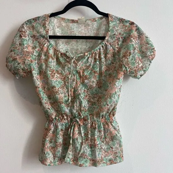 Vintage Gauze Like Floral Green and Blush Blouse and Skirt Set - 7