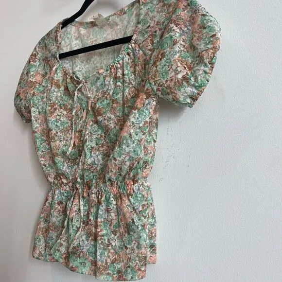 Vintage Gauze Like Floral Green and Blush Blouse and Skirt Set - 7