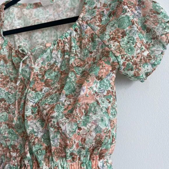 Vintage Gauze Like Floral Green and Blush Blouse and Skirt Set - 7