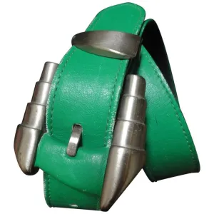 Vintage Gianni Versace green leather rock star belt with silver hardware.  Size for 25.5 inch, 65 cm. Get the authentic Lady Gaga look.
