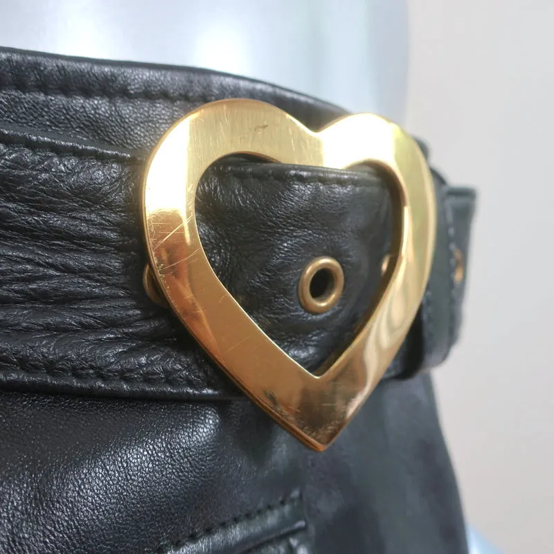 Vintage Moschino 1990s Heart Buckle Leather Skirt Black Size 44