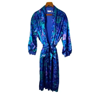 Vintage Victoria Secret's Cacique Brand Satin Blue Purple Floral Robe Size S