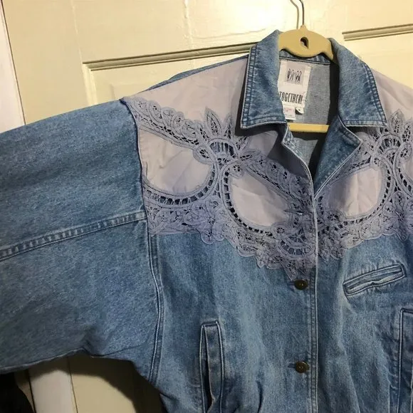 Vintage Women Oversized Denim Lace Jacket by Together 1980s size Small