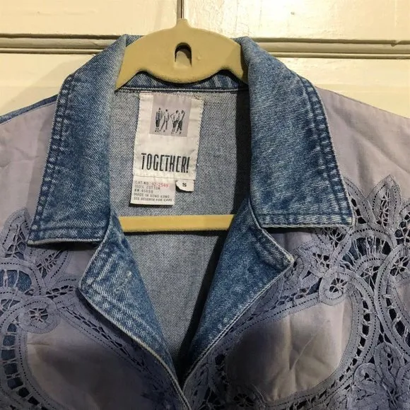 Vintage Women Oversized Denim Lace Jacket by Together 1980s size Small