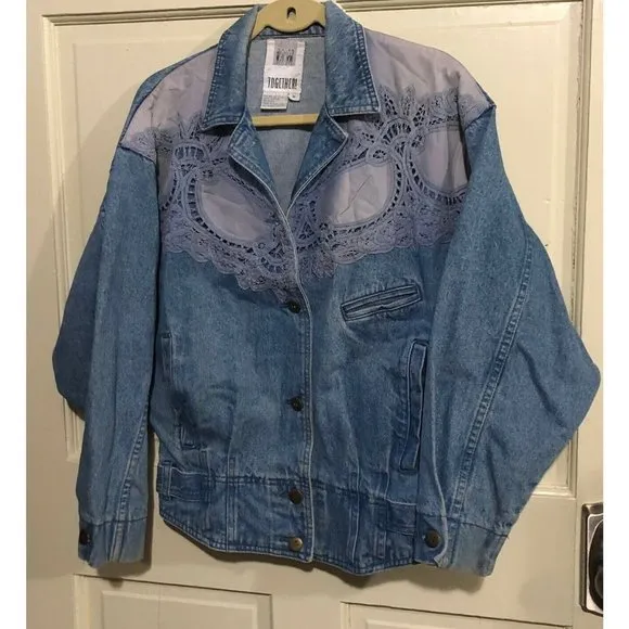 Vintage Women Oversized Denim Lace Jacket by Together 1980s size Small